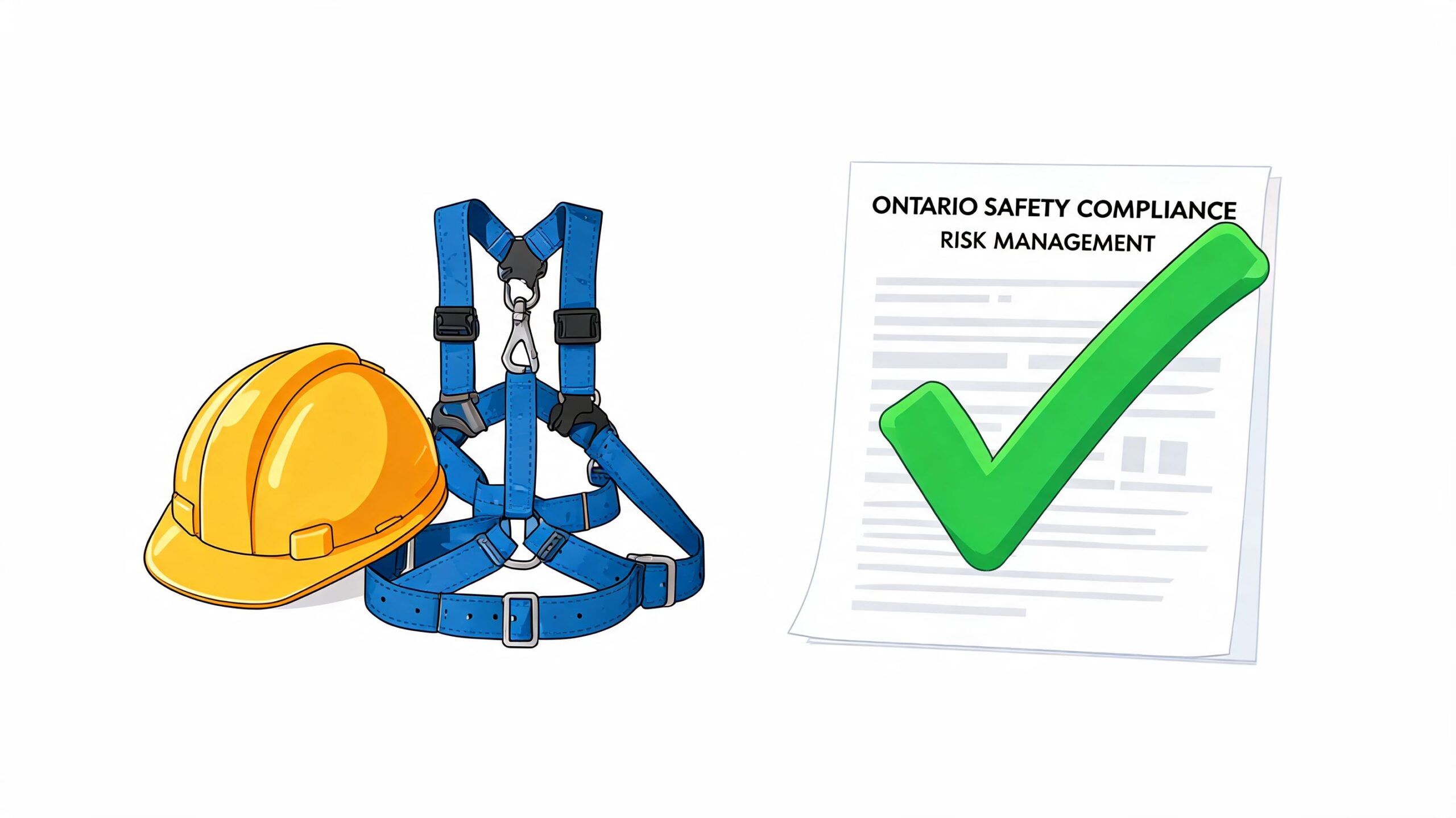 A yellow safety helmet, blue fall protection harness, and an Ontario safety compliance document with a checkmark.