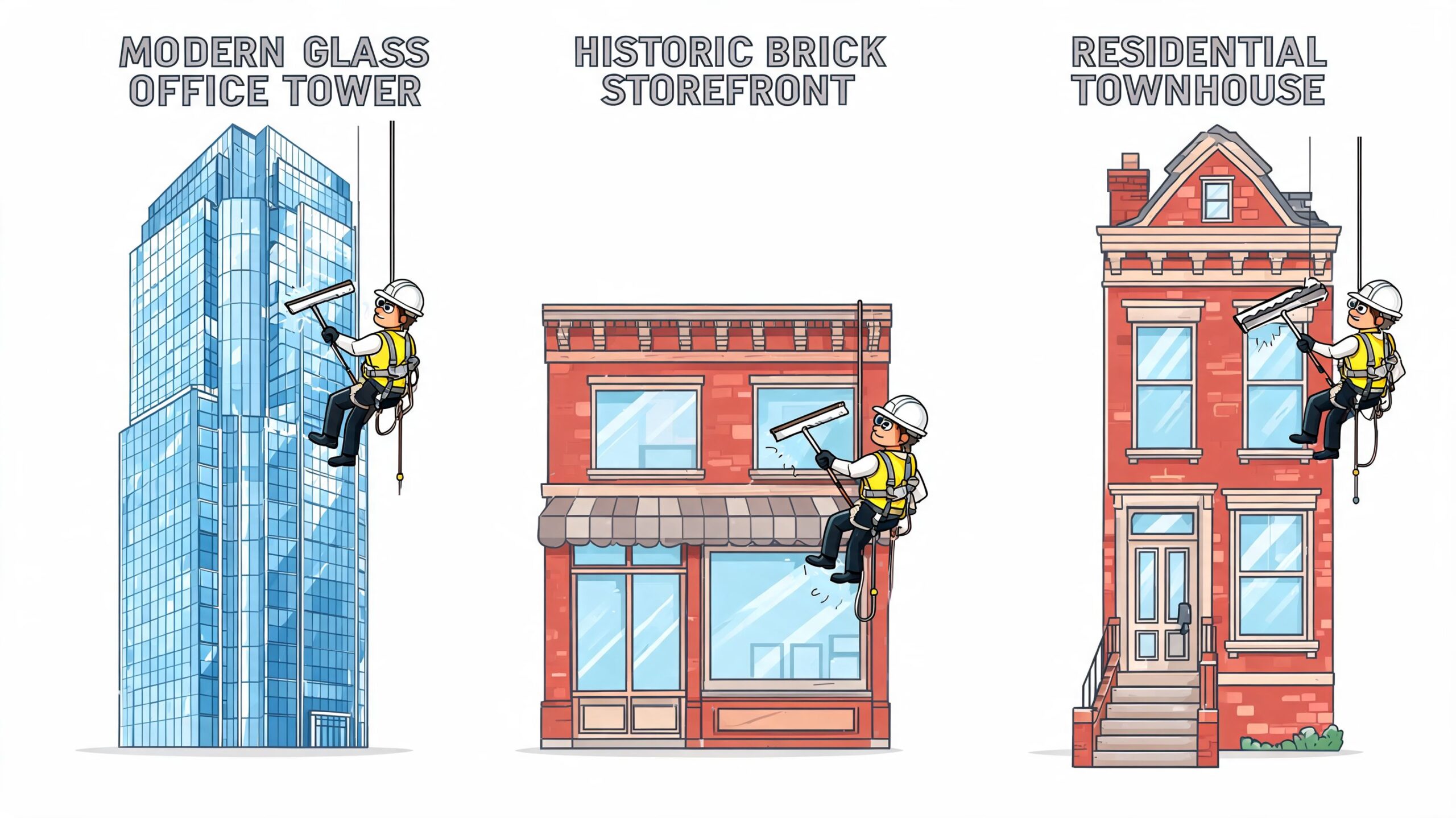 Window cleaners wearing safety harnesses cleaning glass windows on various types of commercial and residential buildings.