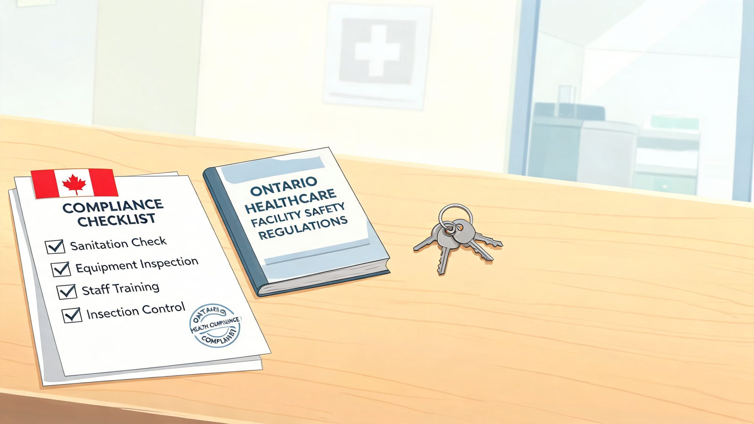 A compliance checklist and safety regulation book for an Ontario medical facility on a wooden desk.