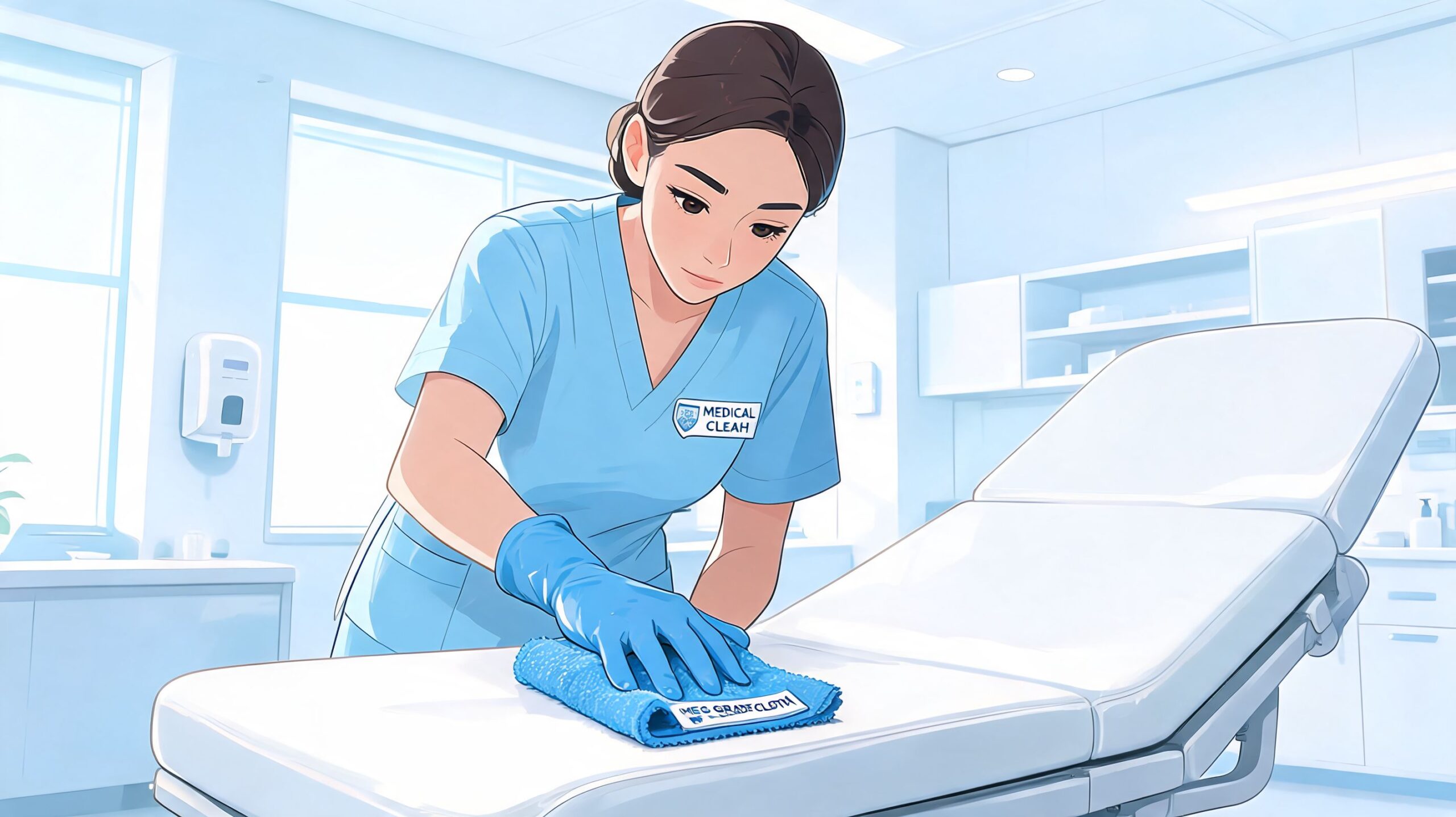 A professional medical cleaner in blue scrubs wiping down an examination table in a clean clinic room.