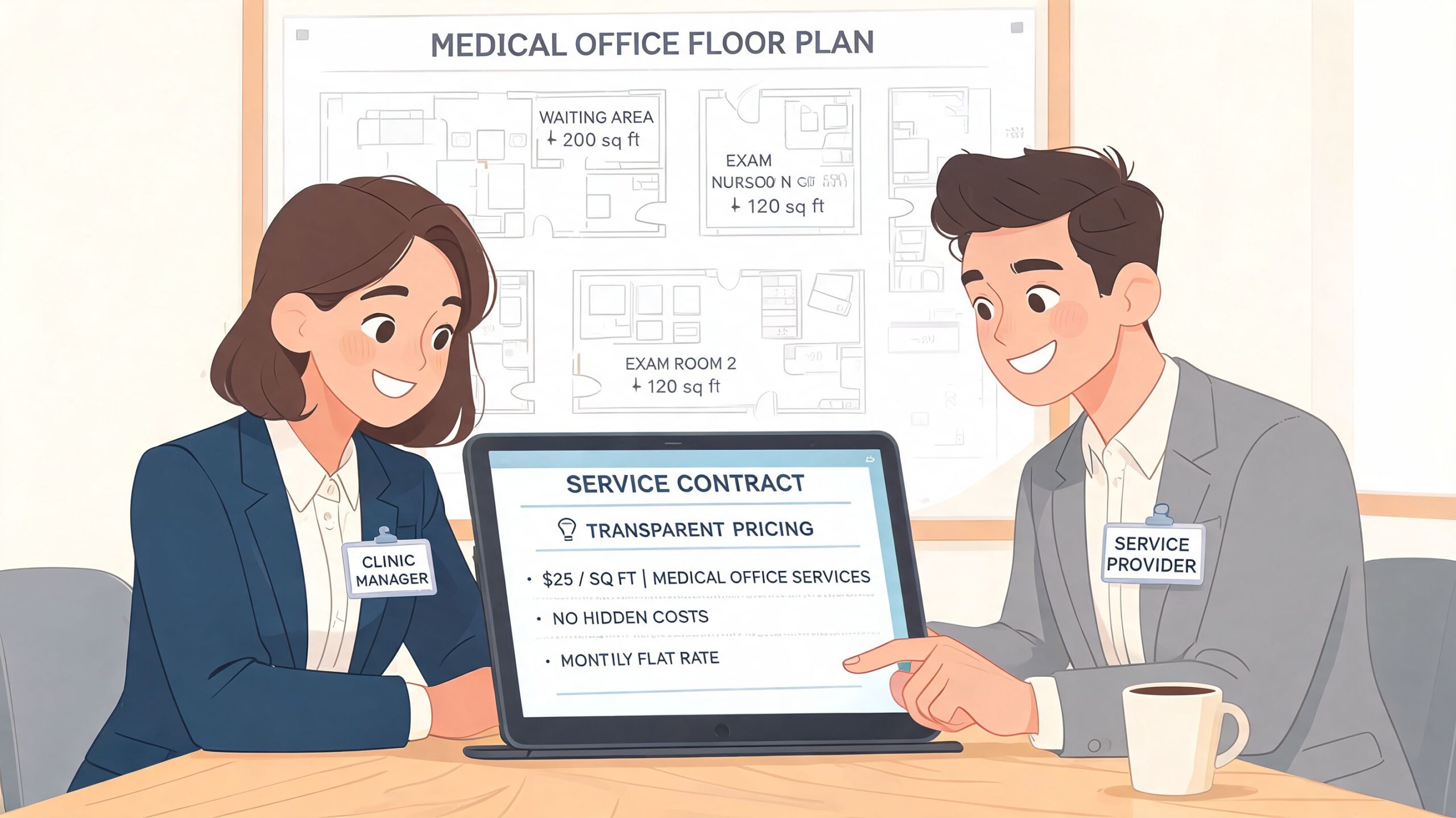 A clinic manager and service provider reviewing a medical office cleaning service contract on a laptop.