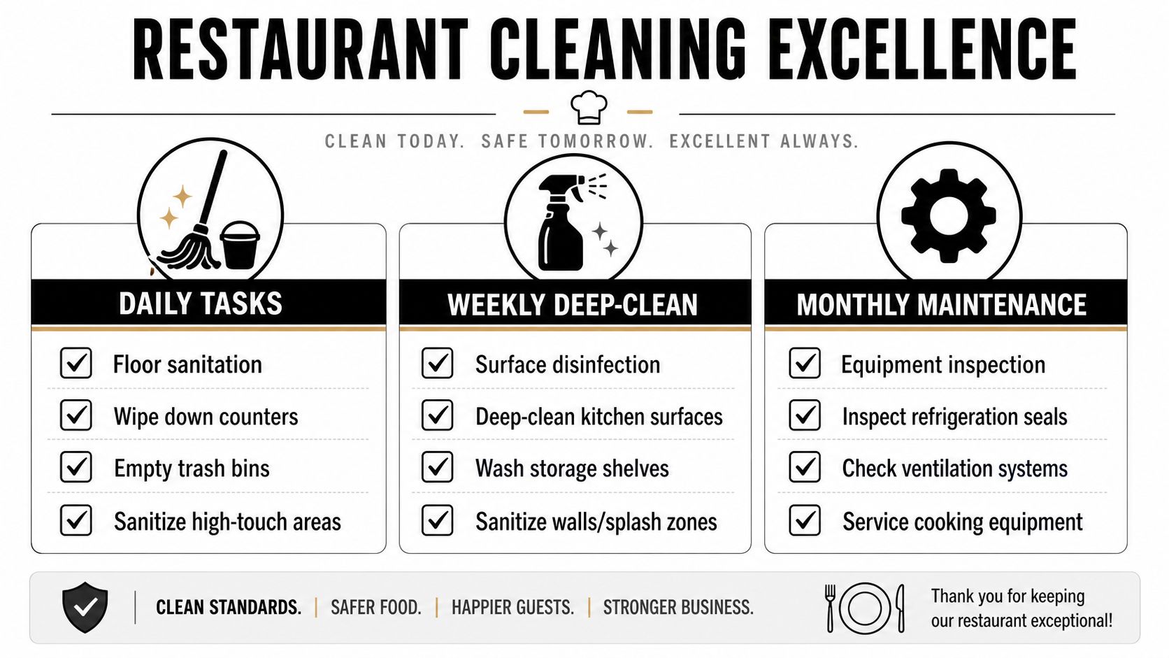 An infographic checklist for daily, weekly, and monthly restaurant cleaning schedules for maintaining food safety and hygiene.