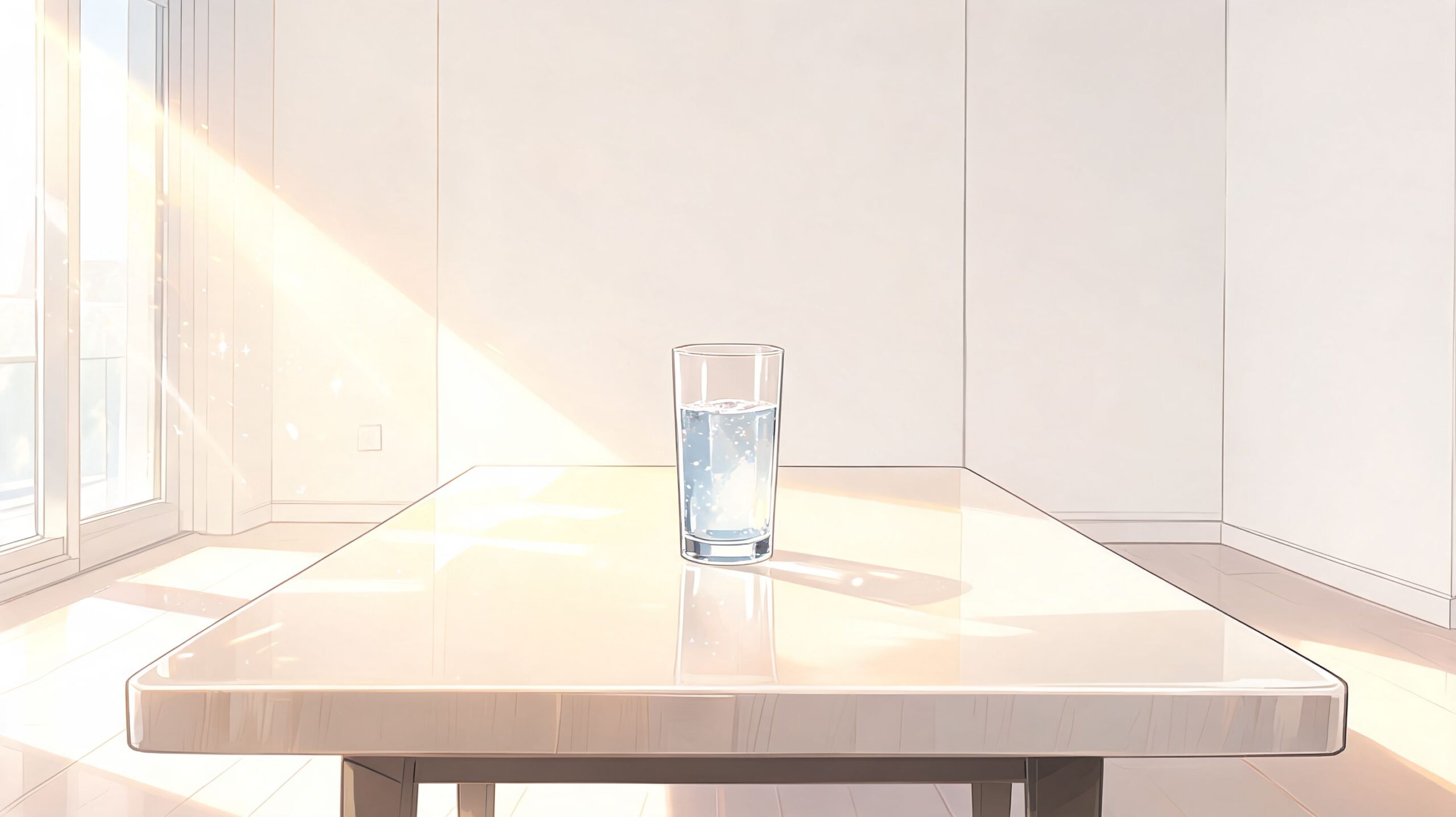 A clear glass of water sits on a clean, reflective table in a bright, sunlit room.