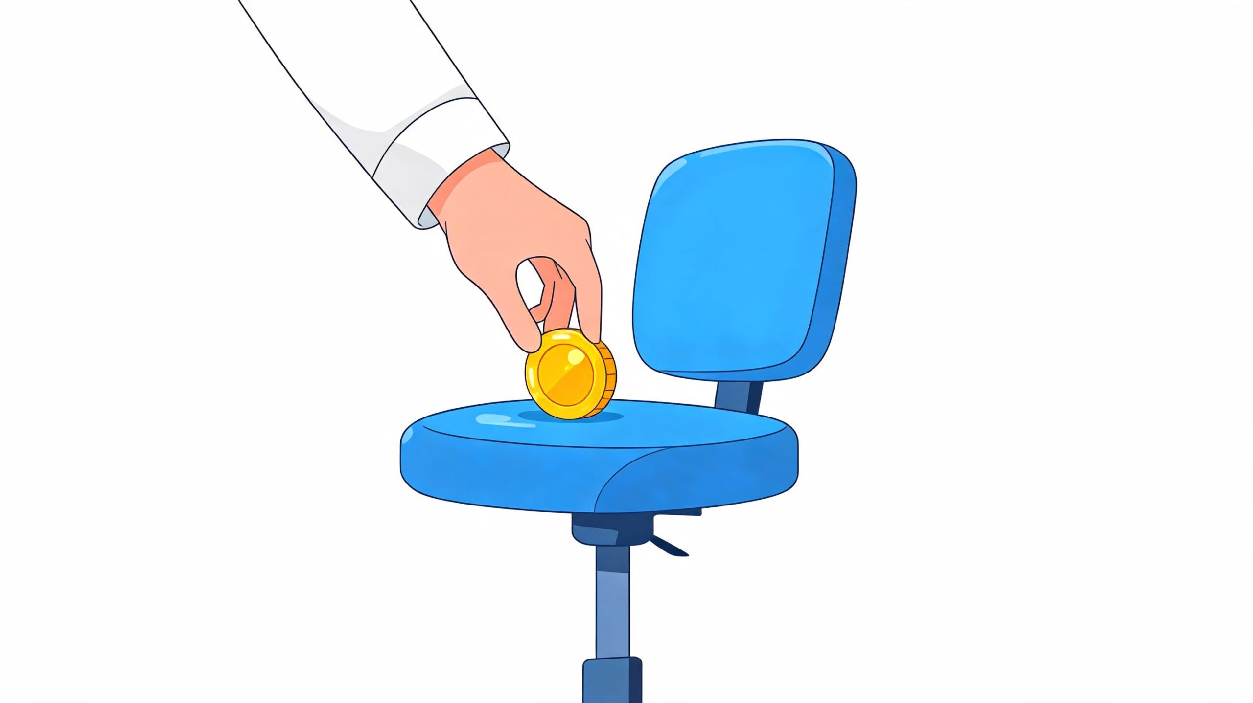 A hand placing a gold coin onto a blue office chair seat, representing commercial upholstery cleaning services.