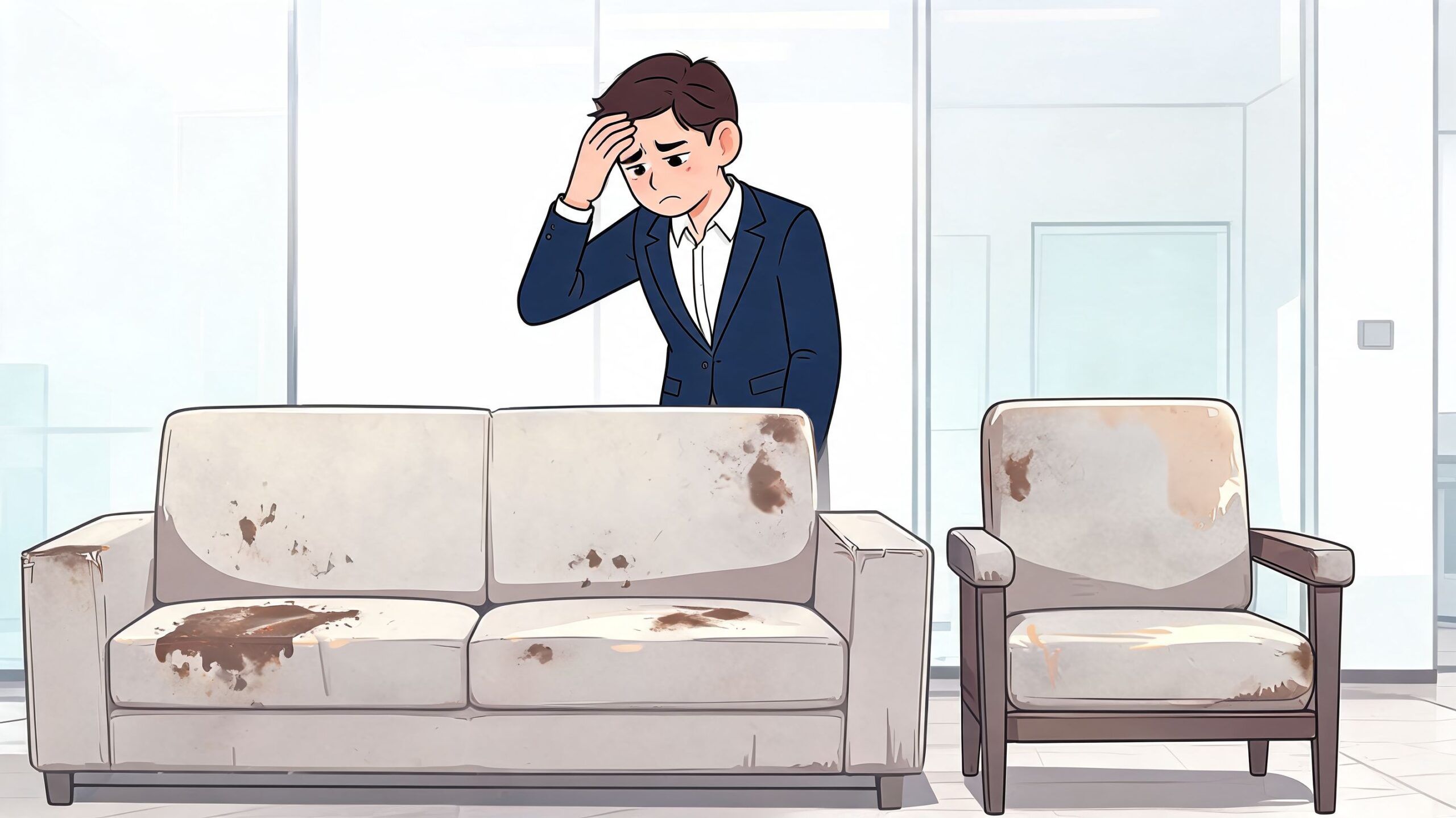 A distressed businessman looking at dirty, stained fabric sofas in a modern office space setting.