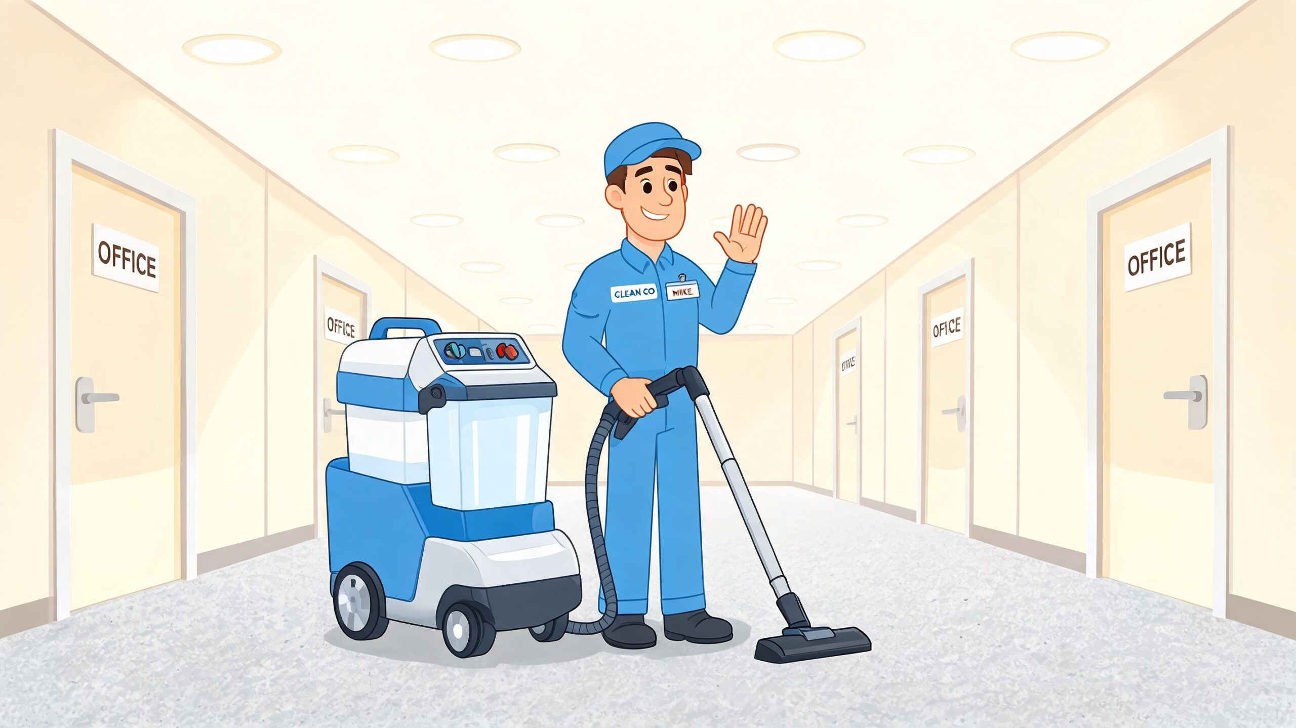 A friendly janitor wearing a blue uniform uses a professional carpet cleaning machine in an office hallway.