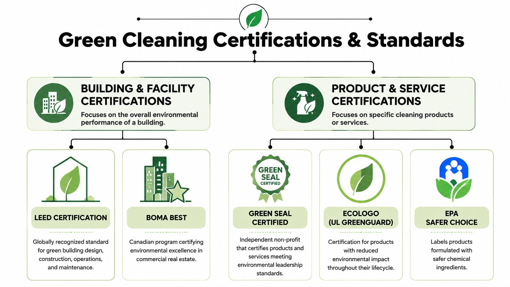 A diagram categorizing green cleaning certifications and standards into building facility and product service certifications.