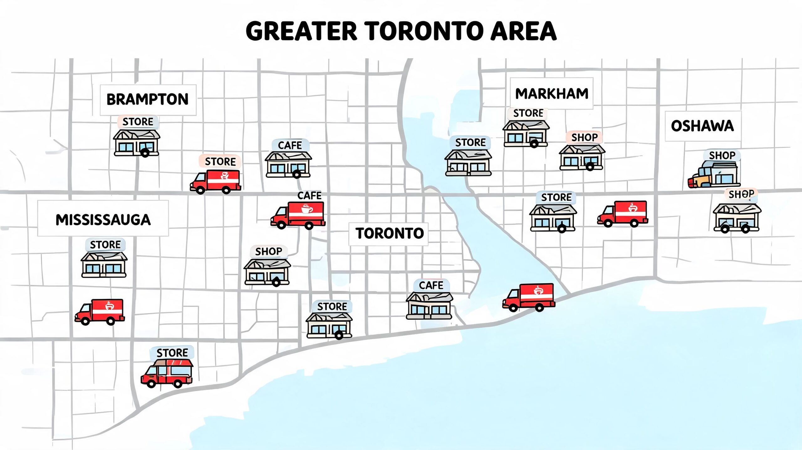 A map of the Greater Toronto Area displaying icons for cafes, shops, stores, and delivery trucks.
