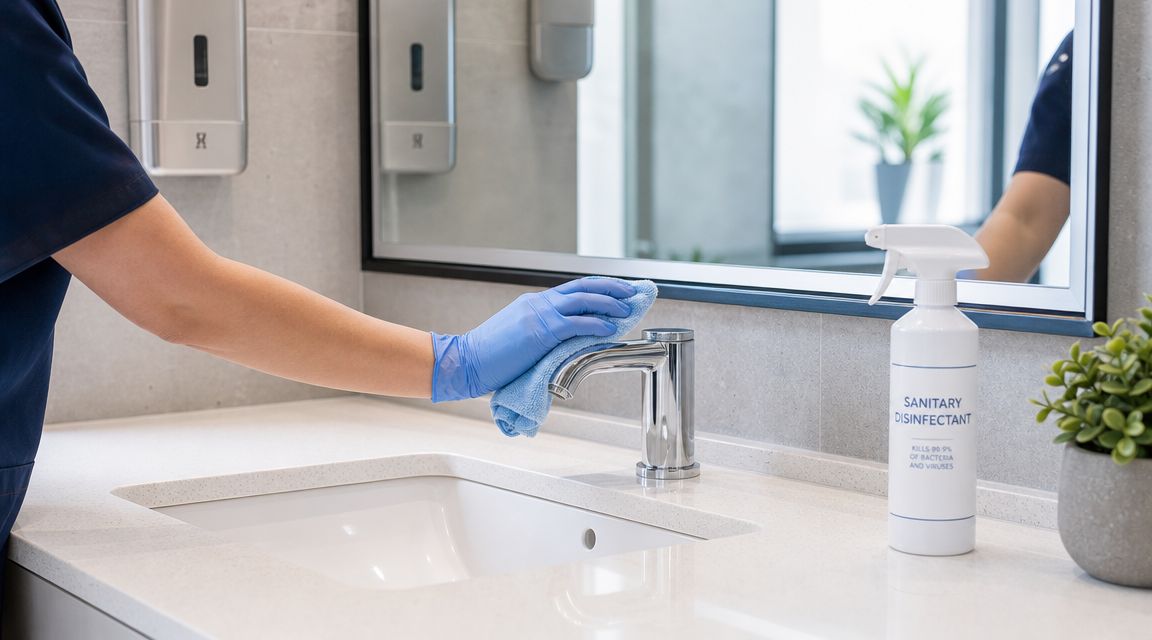 A professional cleaner wearing blue gloves wipes a chrome bathroom faucet with a cleaning cloth.