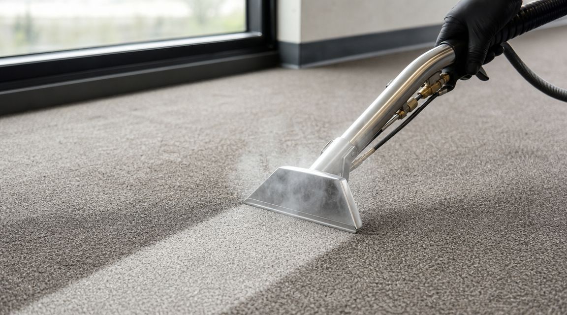 A professional carpet cleaning machine tool steaming and cleaning a grey carpet in an office building.