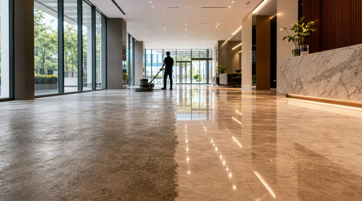 A professional cleaner uses a commercial floor buffer to polish the marble floor in a modern lobby.