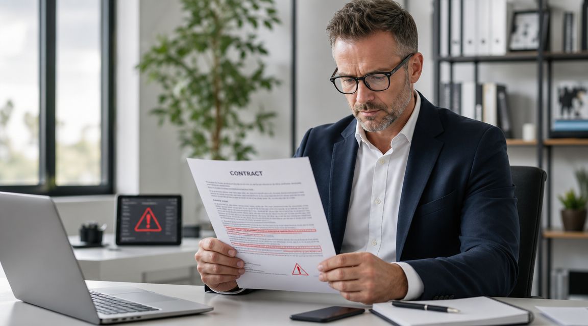 A professional man in a business suit reviewing a contract with warning signs in an office.