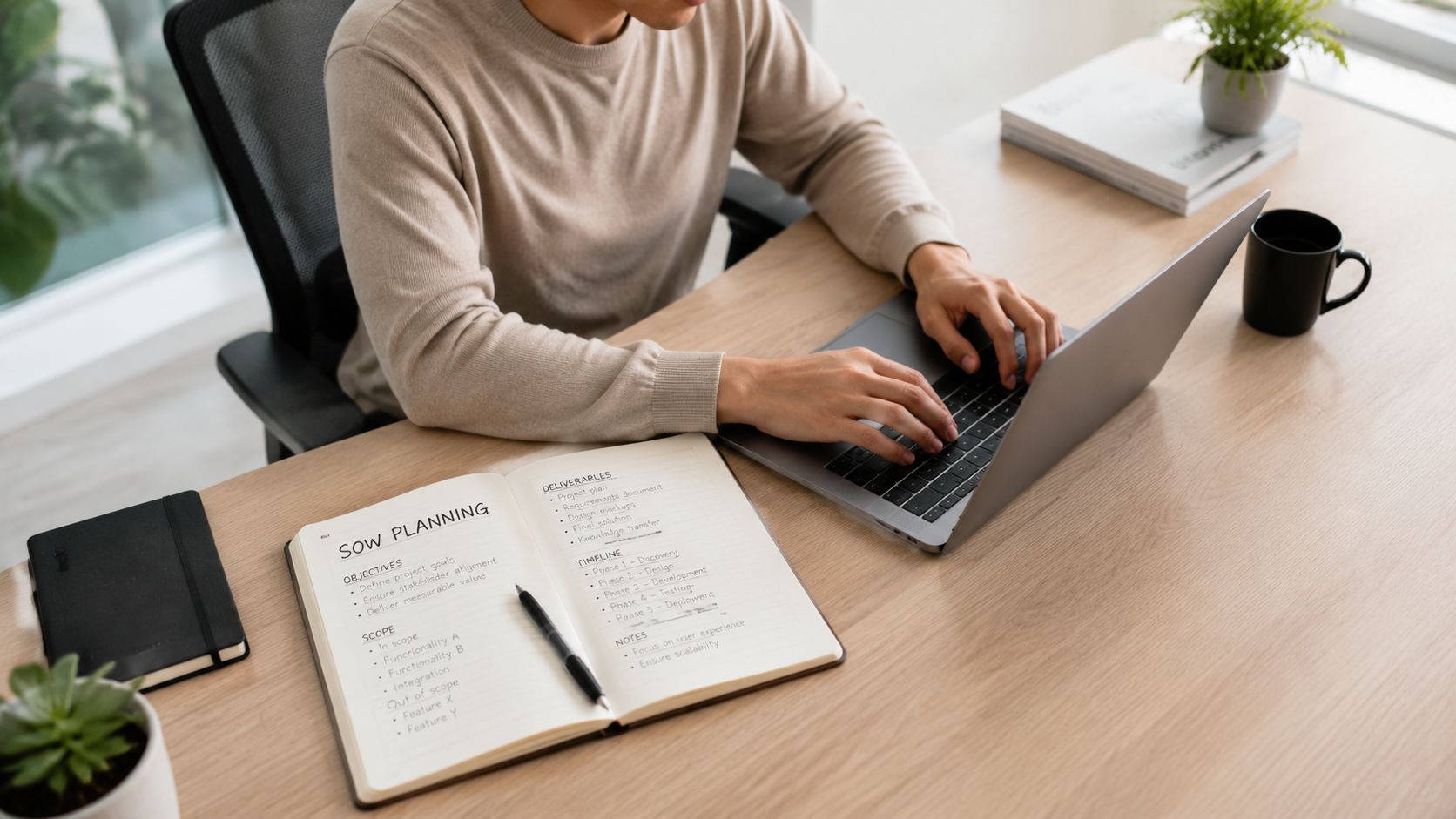 A professional person planning project steps in a notebook while working on a laptop at a desk.