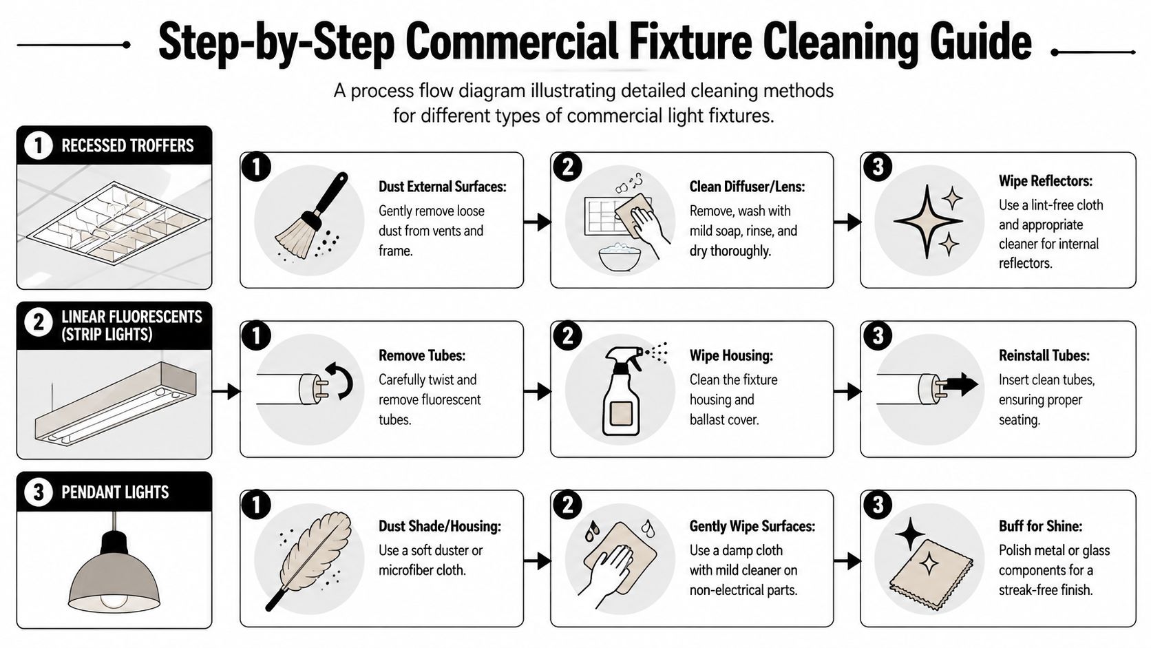 A process flow diagram illustrating step-by-step cleaning instructions for recessed troffers, linear fluorescent, and pendant light fixtures.