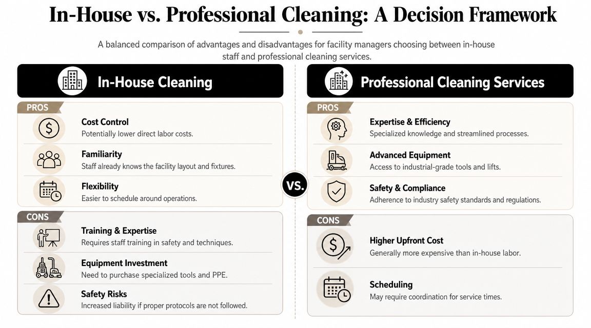 A decision framework chart comparing pros and cons of in-house versus professional facility cleaning services.