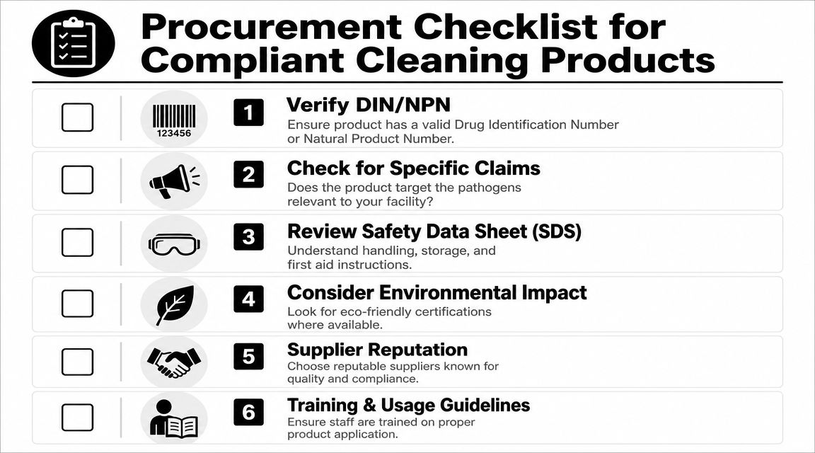 A six-point procurement checklist for selecting compliant and safe cleaning products for facility management and health standards.