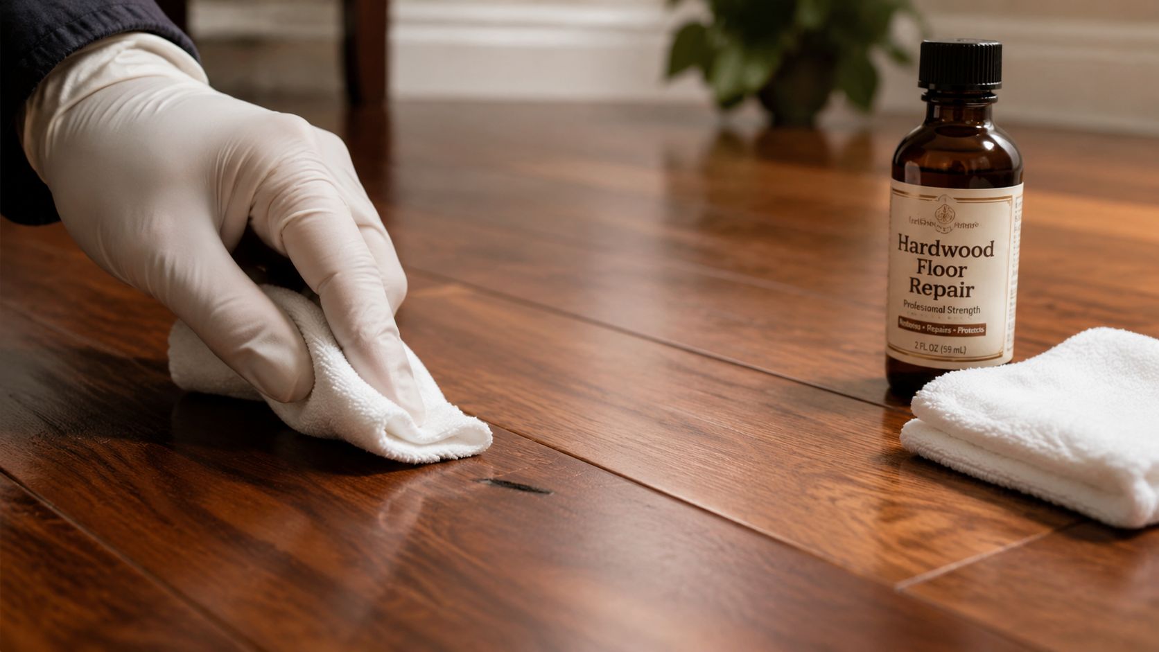 A hand in a white glove wiping a hardwood floor using a small white cloth for repair.