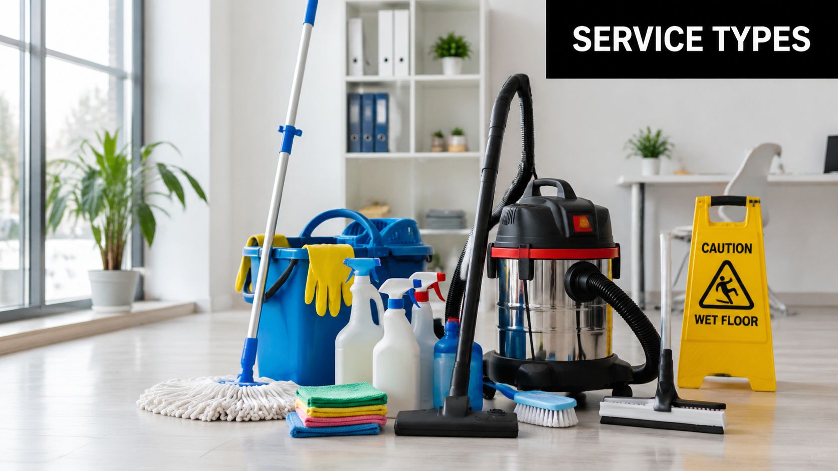 Professional cleaning supplies and equipment displayed on a bright office floor for commercial cleaning services.