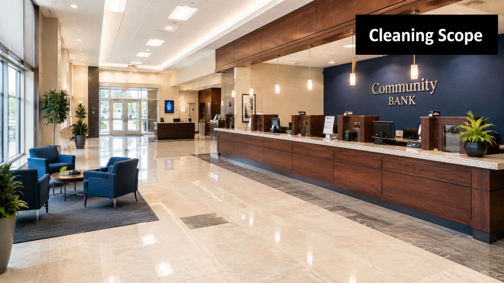 A modern and clean interior of a Community Bank lobby featuring teller counters and waiting area seating.