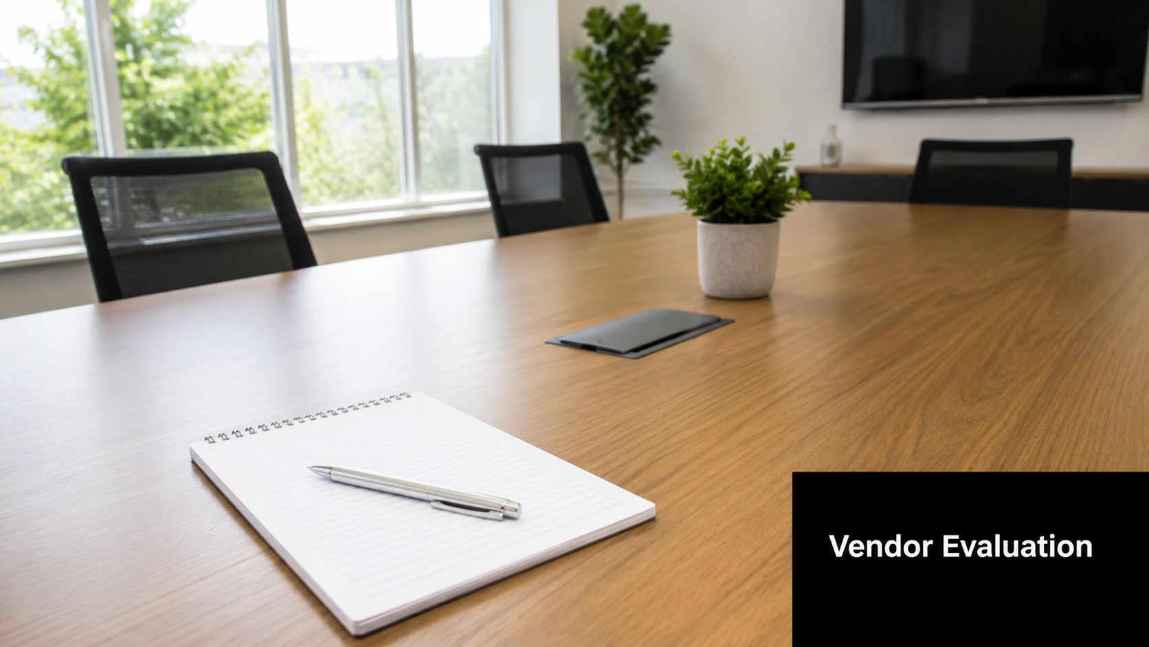 A professional conference room with a wooden table, notebook, pen, and seating, ready for a meeting.
