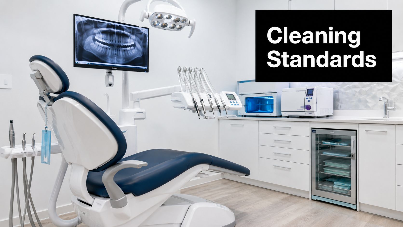 A modern and sterile dental office treatment room featuring a dentist chair, medical equipment, and an X-ray screen.