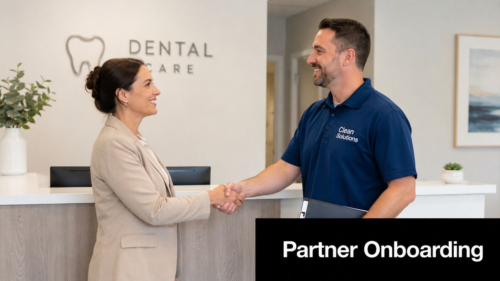 A professional woman shaking hands with a cleaning service worker in a modern dental office lobby.