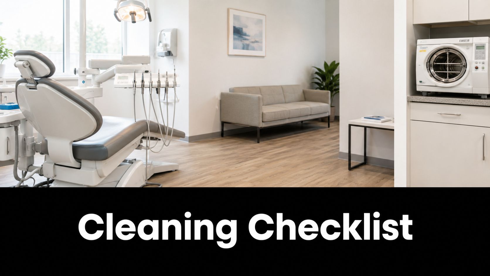 A clean dental office interior with a patient chair, medical equipment, and a small waiting area.