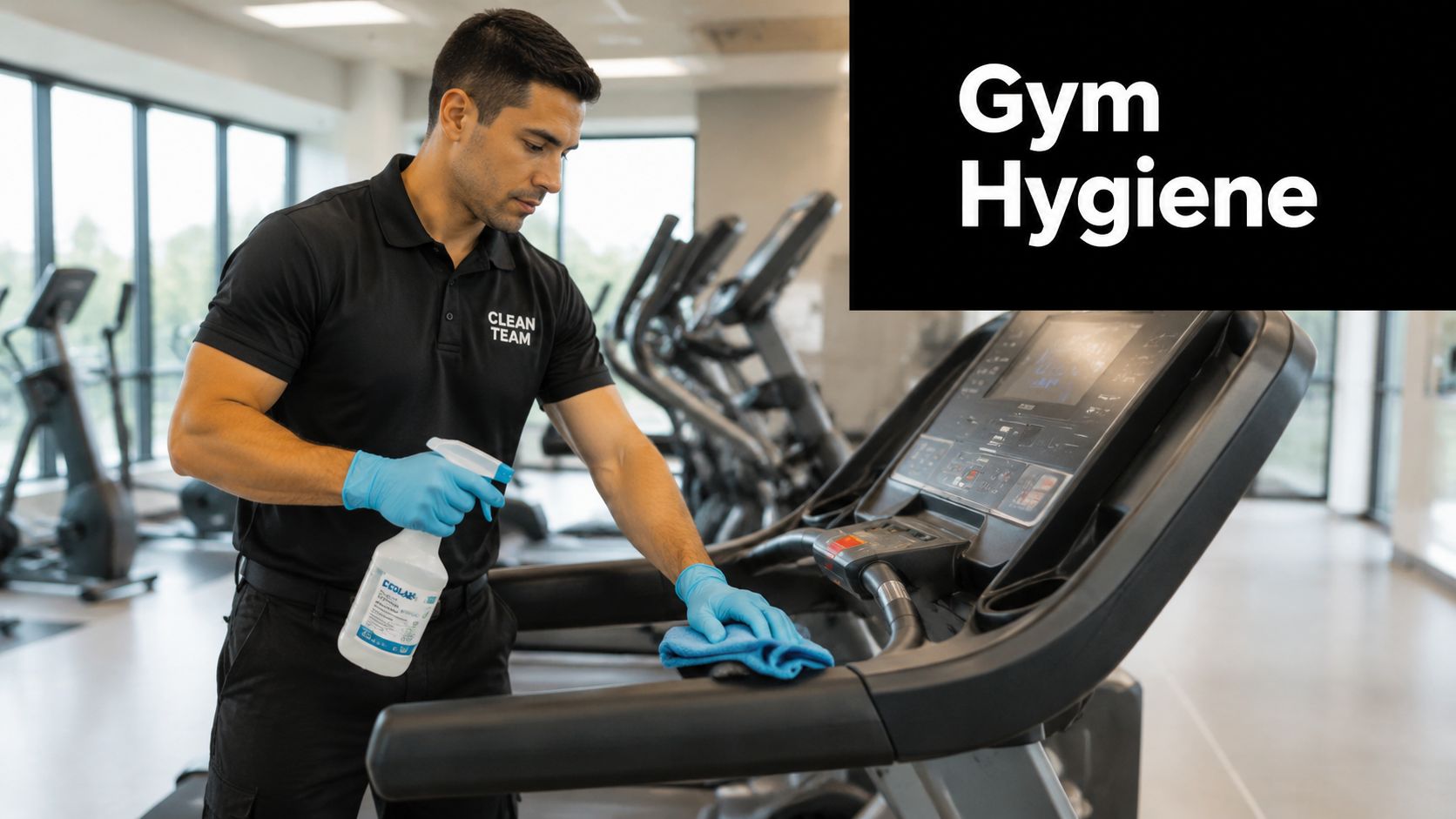 A professional gym cleaner wearing gloves uses a spray bottle and cloth to sanitize treadmill handles.