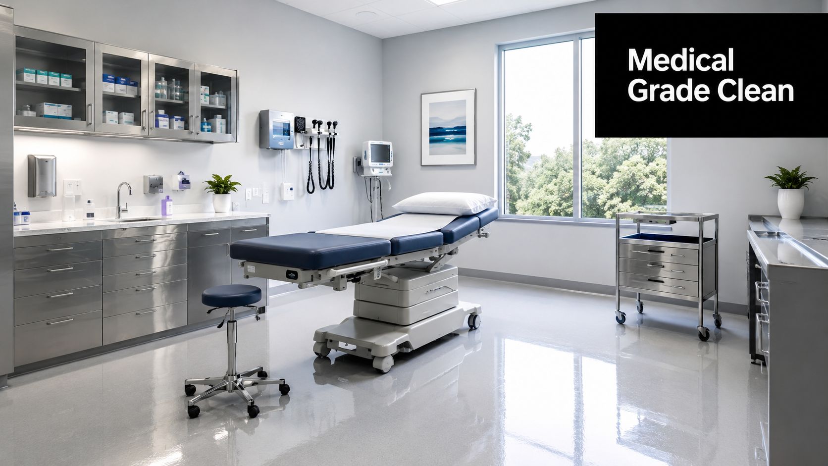 A clean, modern medical examination room featuring stainless steel cabinets, an adjustable exam table, and medical equipment.