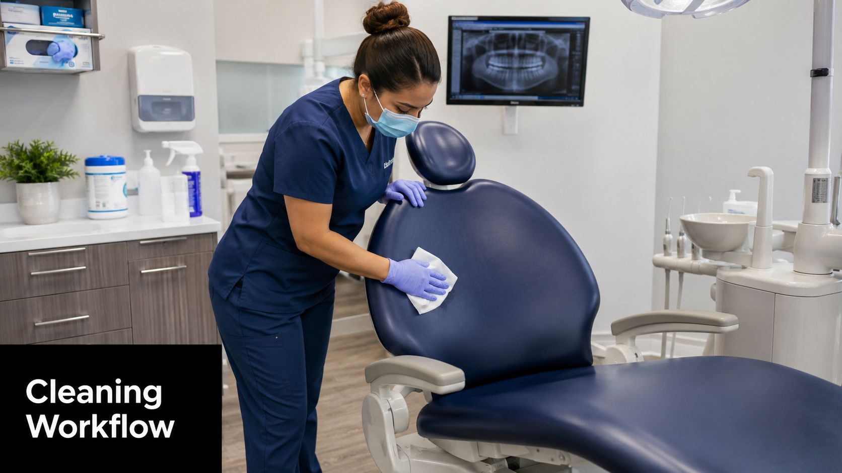 A dental professional in scrubs and a mask cleaning a blue dental chair with a sanitizing wipe.
