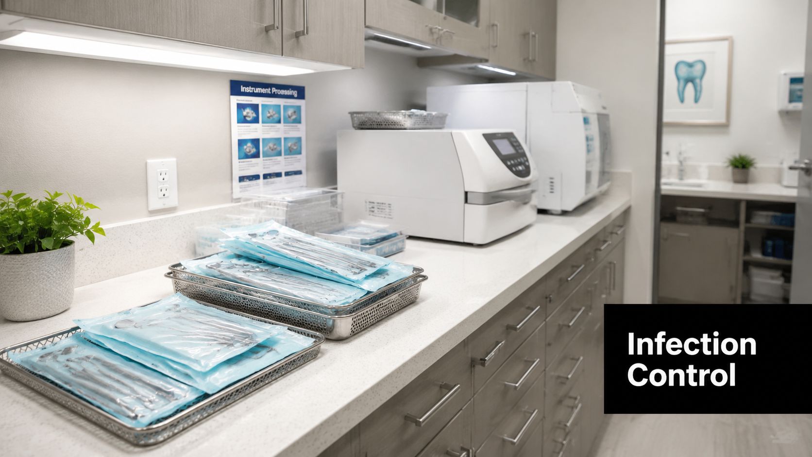 Sterile dental instruments in blue sealed packages resting on stainless steel trays inside a professional dental office.