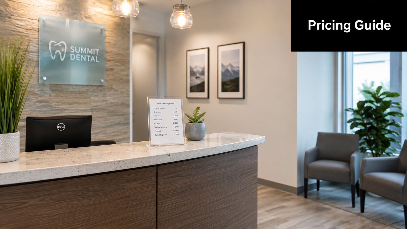 A modern, professional Summit Dental reception area featuring a clean desk, pricing guide, and comfortable waiting chairs.