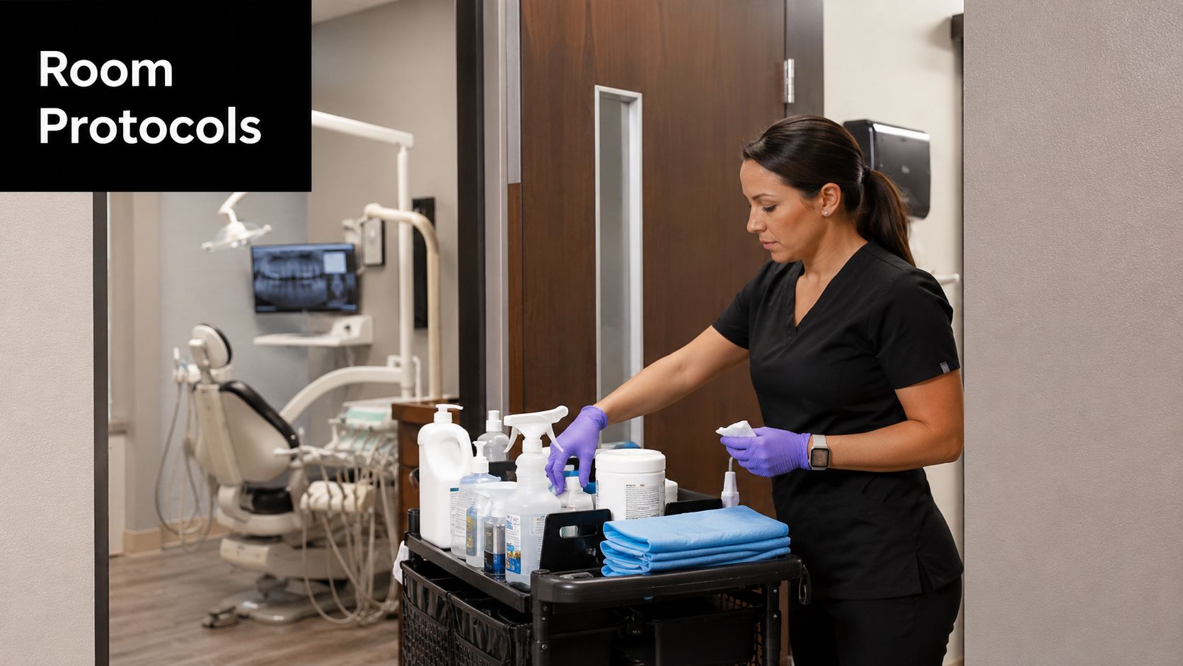 A professional dental assistant wearing gloves cleans a cart in a modern dental office environment.