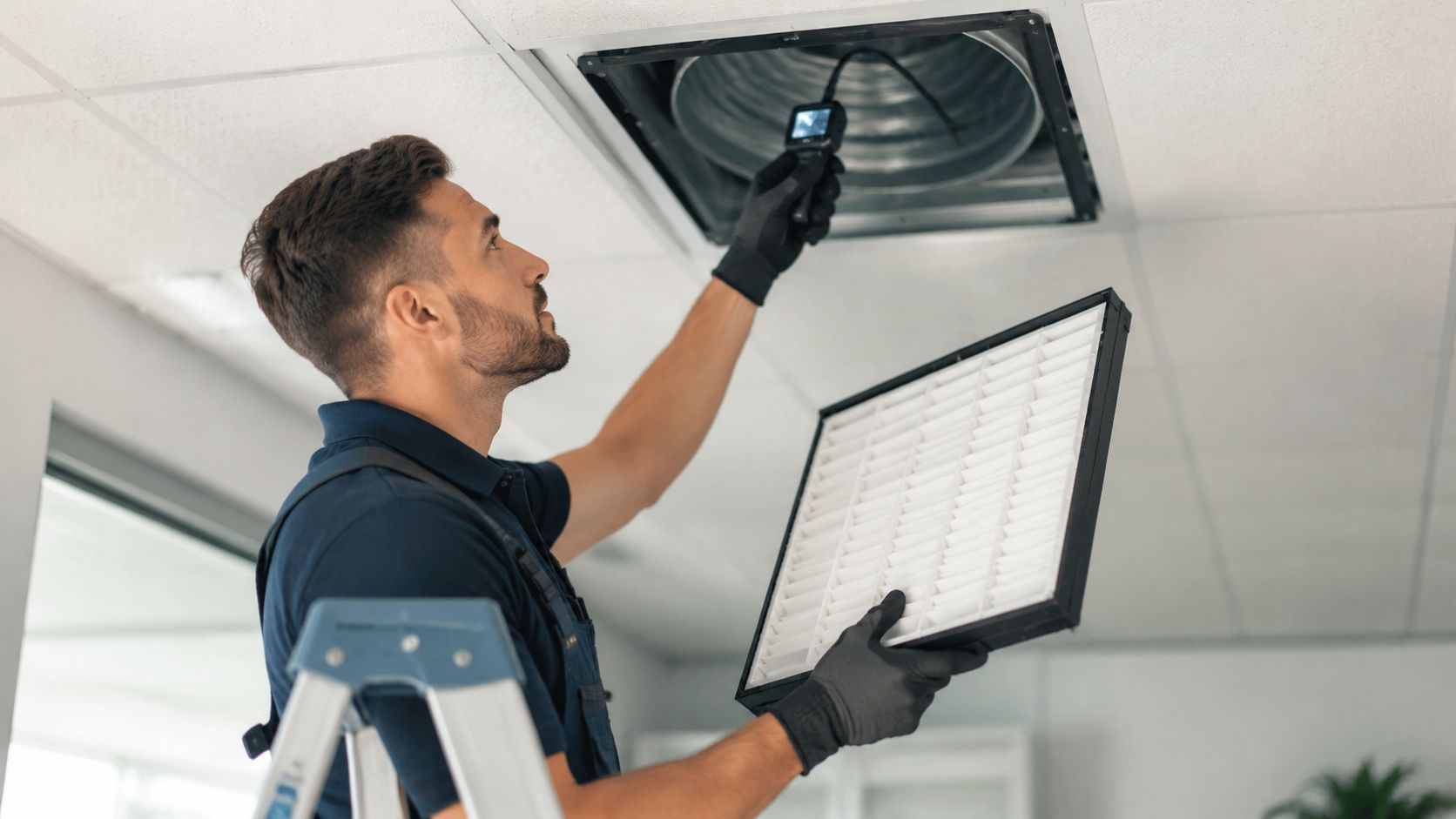 A professional technician wearing gloves inspects an office air conditioning vent with a borescope camera.