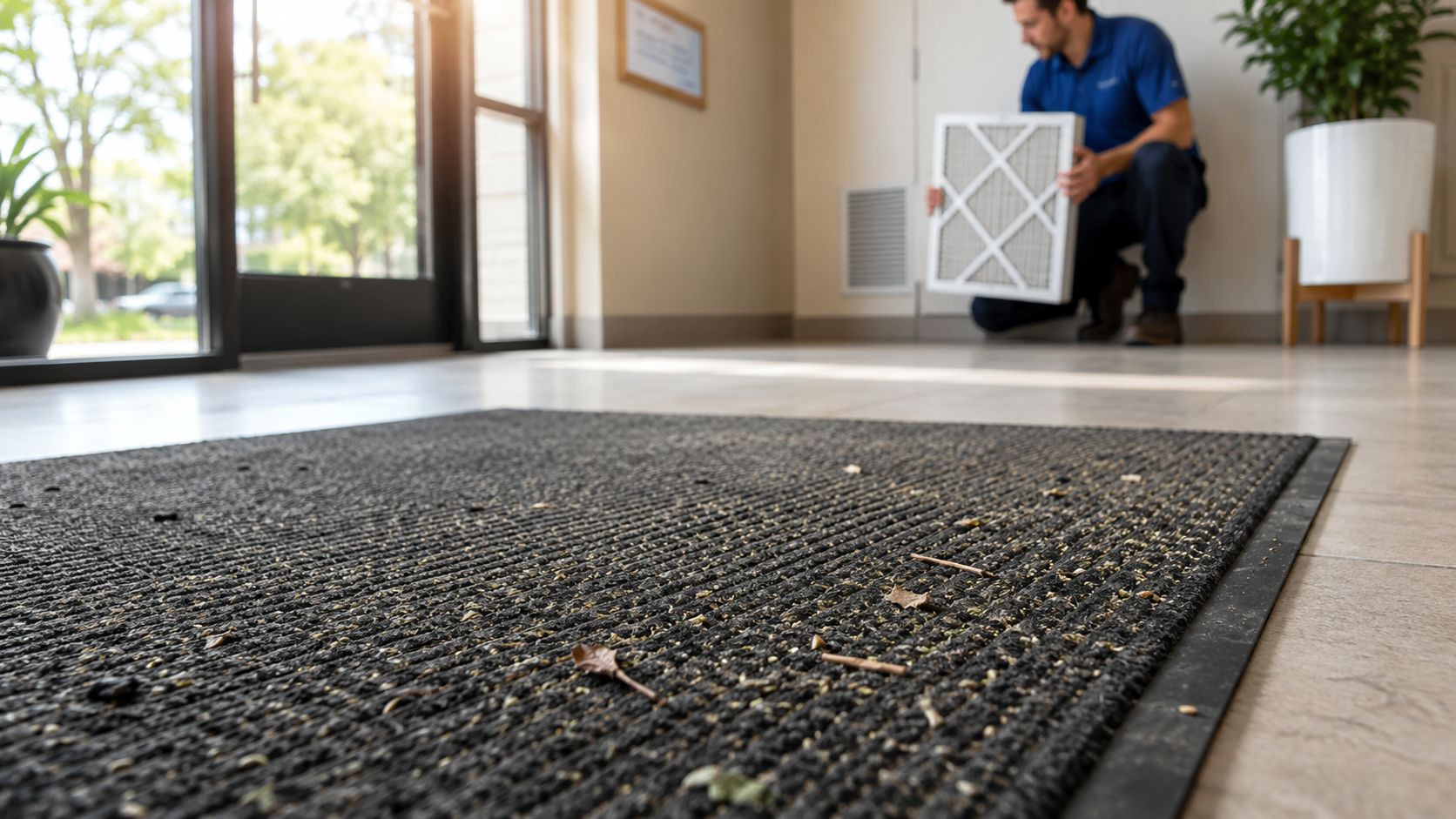 A technician holds a clean air filter inside a building entrance while standing near a floor mat.