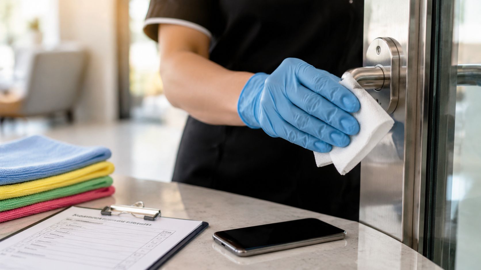 A professional cleaner wearing blue protective gloves wipes down a stainless steel door handle with a white cloth.