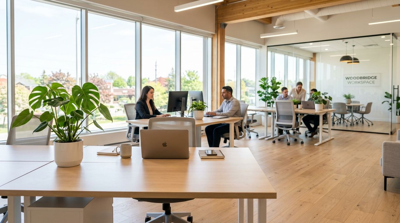 A modern, open-concept office space in Woodbridge with employees working at desks by large windows.