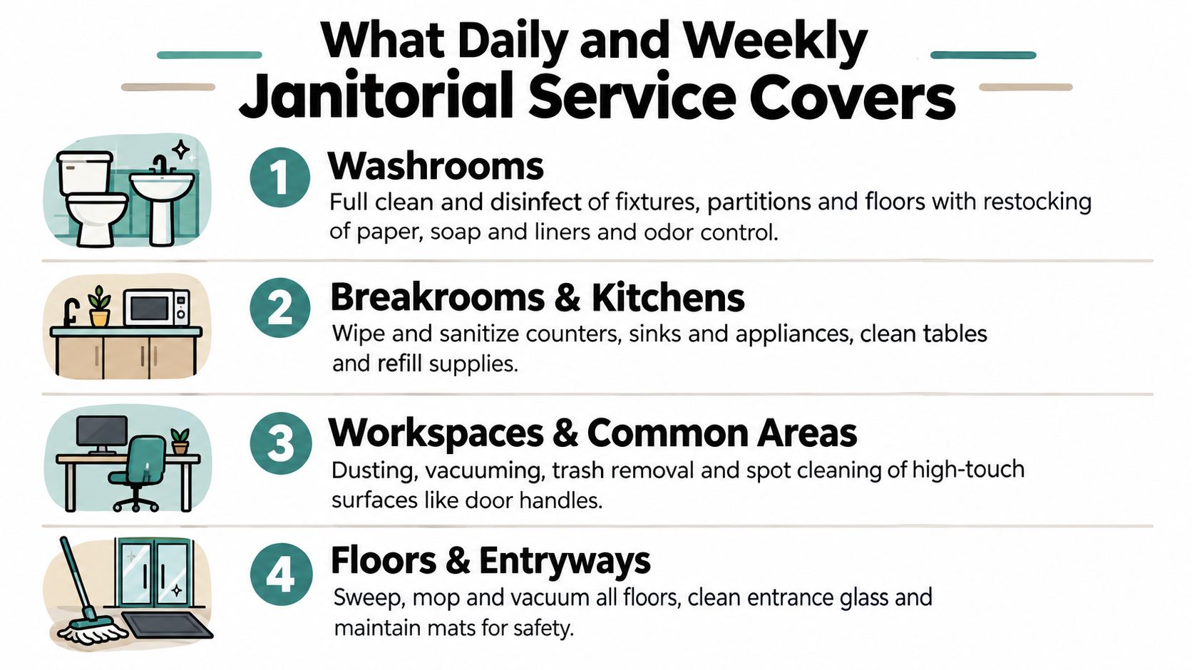 Infographic: what daily and weekly janitorial service covers — 1 washrooms: clean and disinfect fixtures, partitions and floors, restock paper, soap and liners, odour control; 2 breakrooms and kitchens: sanitize counters, sinks and appliances, clean tables, refill supplies; 3 workspaces and common areas: dusting, vacuuming, trash removal, spot cleaning high-touch surfaces; 4 floors and entryways: sweep, mop and vacuum, clean entrance glass, maintain mats.